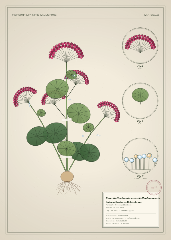 Botanische Tafel: Unterwellenbornia unterwellenbornensis, eine erfundene Pflanze aus Unterwellenborn, gezeichnet wie in einem alten Pflanzenatlas
