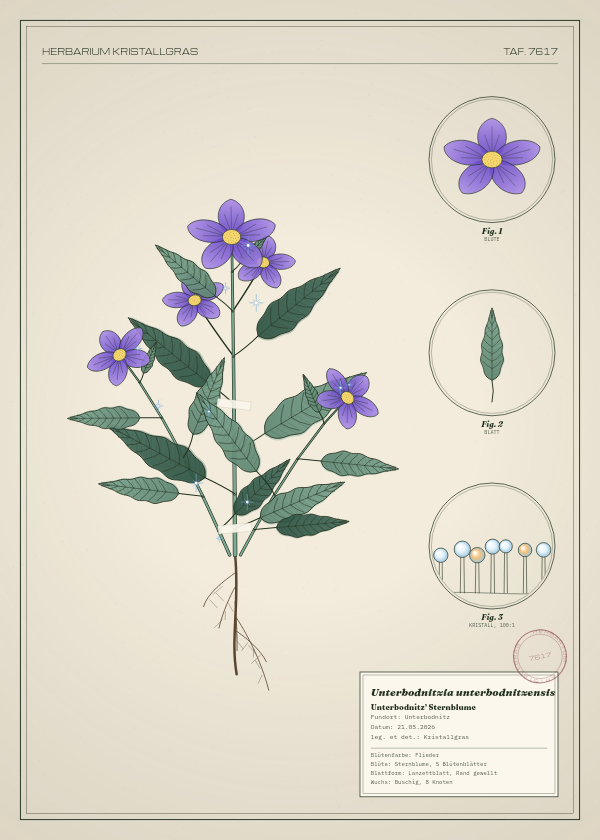 Botanische Tafel: Unterbodnitzia unterbodnitzensis, eine erfundene Pflanze aus Unterbodnitz, gezeichnet wie in einem alten Pflanzenatlas