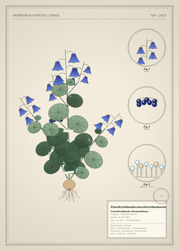 Botanische Tafel: Unterbreizbachia unterbreizbachensis, eine erfundene Pflanze aus Unterbreizbach, gezeichnet wie in einem alten Pflanzenatlas