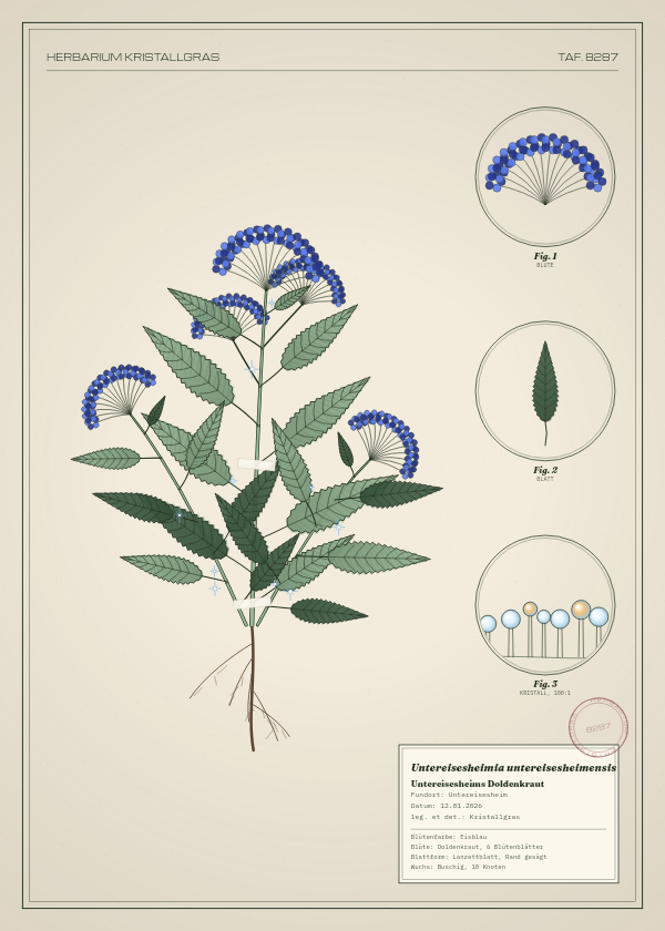 Botanische Tafel: Untereisesheimia untereisesheimensis, eine erfundene Pflanze aus Untereisesheim, gezeichnet wie in einem alten Pflanzenatlas