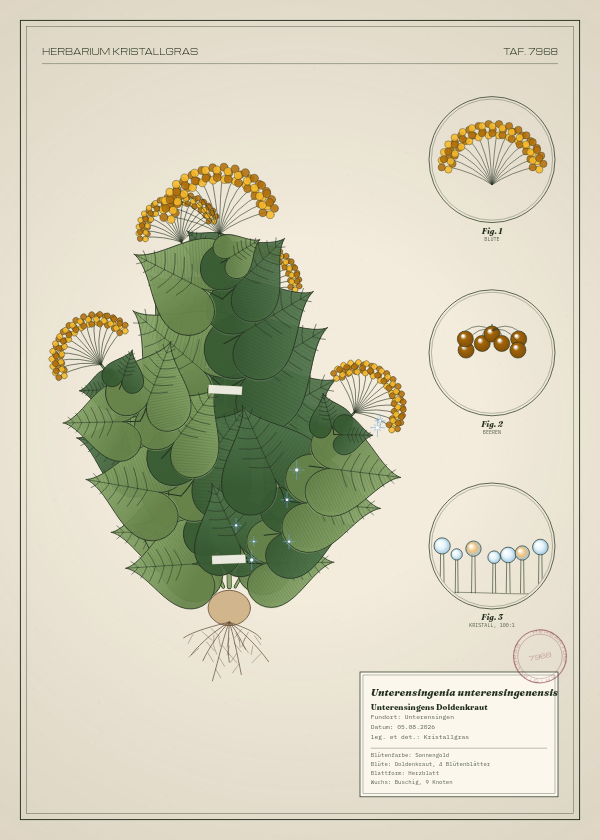 Botanische Tafel: Unterensingenia unterensingenensis, eine erfundene Pflanze aus Unterensingen, gezeichnet wie in einem alten Pflanzenatlas