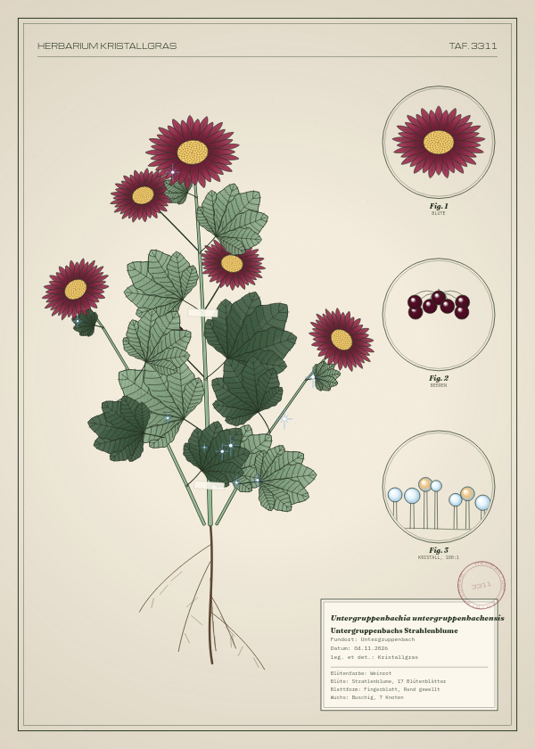 Botanische Tafel: Untergruppenbachia untergruppenbachensis, eine erfundene Pflanze aus Untergruppenbach, gezeichnet wie in einem alten Pflanzenatlas