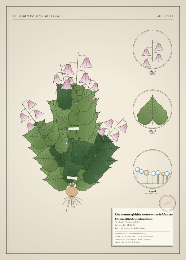 Botanische Tafel: Untermassfeldia untermassfeldensis, eine erfundene Pflanze aus Untermaßfeld, gezeichnet wie in einem alten Pflanzenatlas