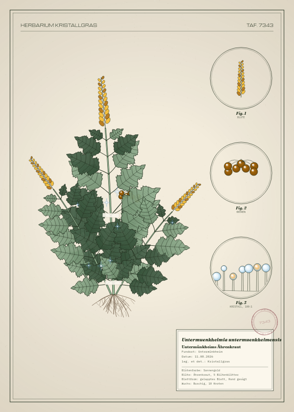 Botanische Tafel: Untermuenkheimia untermuenkheimensis, eine erfundene Pflanze aus Untermünkheim, gezeichnet wie in einem alten Pflanzenatlas
