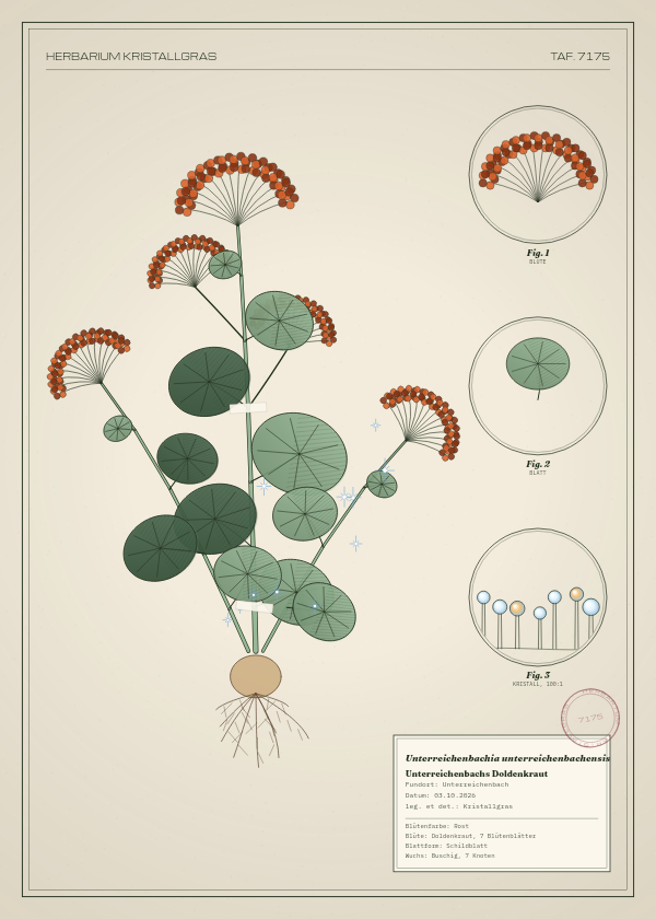 Botanische Tafel: Unterreichenbachia unterreichenbachensis, eine erfundene Pflanze aus Unterreichenbach, gezeichnet wie in einem alten Pflanzenatlas
