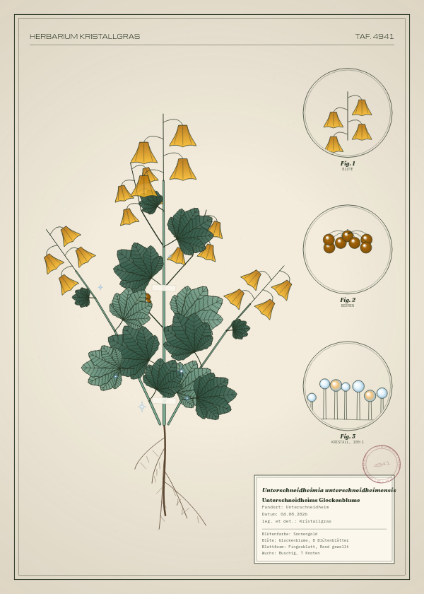 Botanische Tafel: Unterschneidheimia unterschneidheimensis, eine erfundene Pflanze aus Unterschneidheim, gezeichnet wie in einem alten Pflanzenatlas