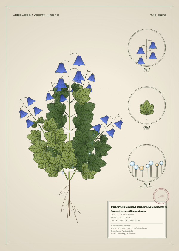 Botanische Tafel: Untershausenia untershausenensis, eine erfundene Pflanze aus Untershausen, gezeichnet wie in einem alten Pflanzenatlas