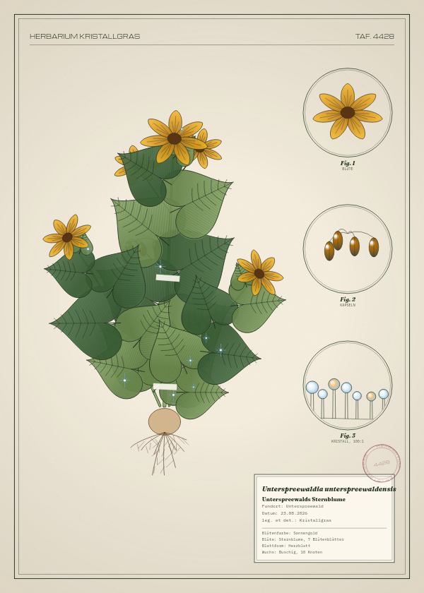 Botanische Tafel: Unterspreewaldia unterspreewaldensis, eine erfundene Pflanze aus Unterspreewald, gezeichnet wie in einem alten Pflanzenatlas