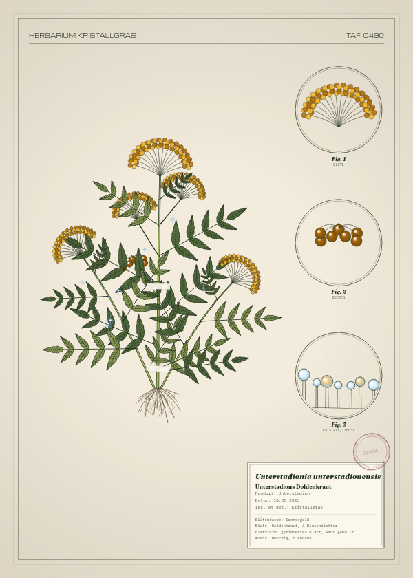 Botanische Tafel: Unterstadionia unterstadionensis, eine erfundene Pflanze aus Unterstadion, gezeichnet wie in einem alten Pflanzenatlas