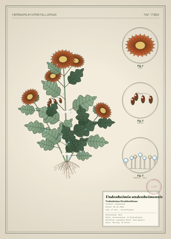 Botanische Tafel: Undenheimia undenheimensis, eine erfundene Pflanze aus Undenheim, gezeichnet wie in einem alten Pflanzenatlas