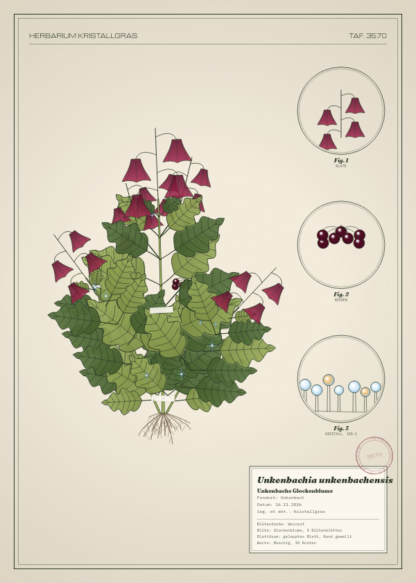 Botanische Tafel: Unkenbachia unkenbachensis, eine erfundene Pflanze aus Unkenbach, gezeichnet wie in einem alten Pflanzenatlas