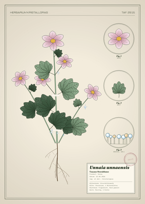 Botanische Tafel: Unnaia unnaensis, eine erfundene Pflanze aus Unnau, gezeichnet wie in einem alten Pflanzenatlas