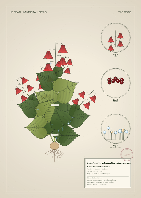 Botanische Tafel: Ubstadtia ubstadtweiherensis, eine erfundene Pflanze aus Ubstadt-Weiher, gezeichnet wie in einem alten Pflanzenatlas