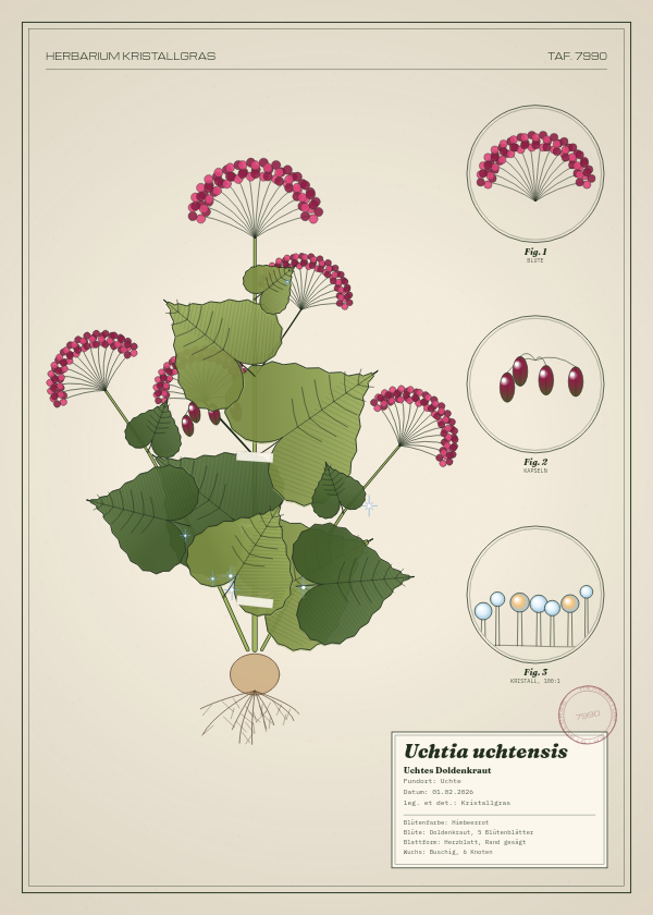 Botanische Tafel: Uchtia uchtensis, eine erfundene Pflanze aus Uchte, gezeichnet wie in einem alten Pflanzenatlas