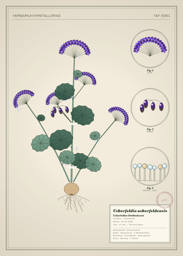 Botanische Tafel: Uckerfeldia uckerfeldensis, eine erfundene Pflanze aus Uckerfelde, gezeichnet wie in einem alten Pflanzenatlas