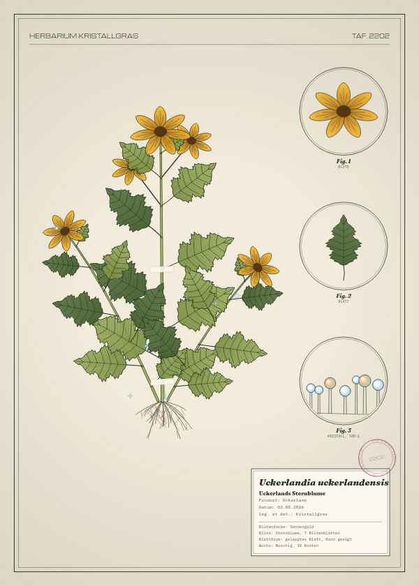 Botanische Tafel: Uckerlandia uckerlandensis, eine erfundene Pflanze aus Uckerland, gezeichnet wie in einem alten Pflanzenatlas