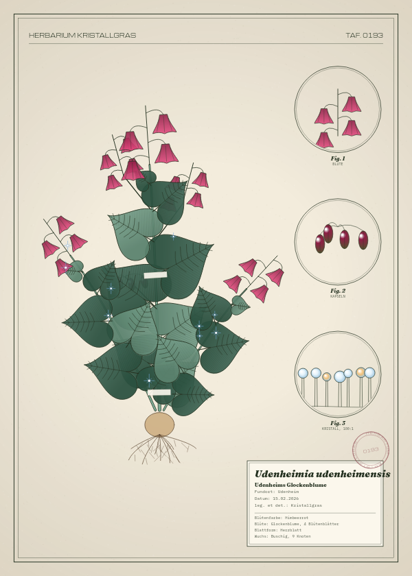 Botanische Tafel: Udenheimia udenheimensis, eine erfundene Pflanze aus Udenheim, gezeichnet wie in einem alten Pflanzenatlas
