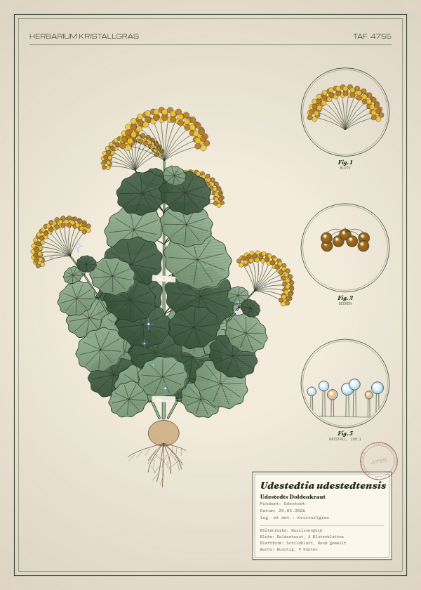 Botanische Tafel: Udestedtia udestedtensis, eine erfundene Pflanze aus Udestedt, gezeichnet wie in einem alten Pflanzenatlas
