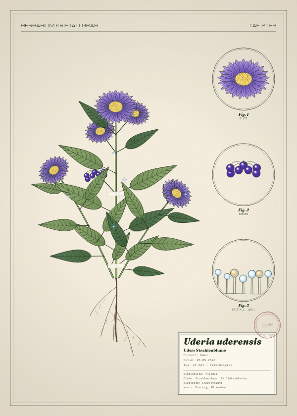 Botanische Tafel: Uderia uderensis, eine erfundene Pflanze aus Uder, gezeichnet wie in einem alten Pflanzenatlas
