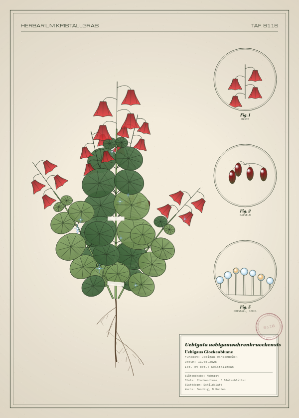 Botanische Tafel: Uebigaia uebigauwahrenbrueckensis, eine erfundene Pflanze aus Uebigau-Wahrenbrück, gezeichnet wie in einem alten Pflanzenatlas