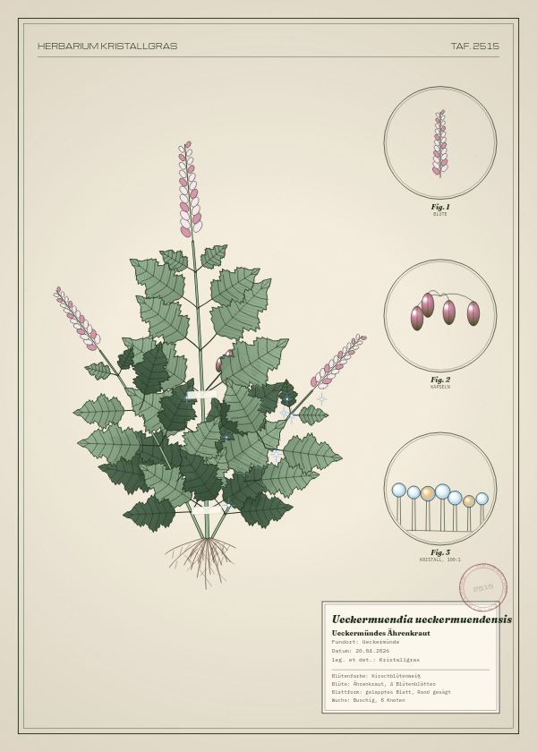Botanische Tafel: Ueckermuendia ueckermuendensis, eine erfundene Pflanze aus Ueckermünde, gezeichnet wie in einem alten Pflanzenatlas