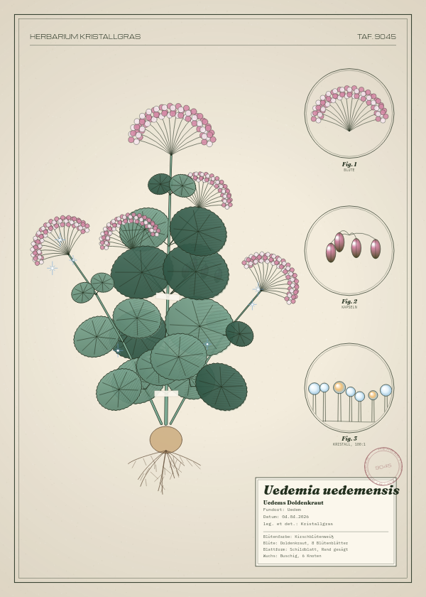 Botanische Tafel: Uedemia uedemensis, eine erfundene Pflanze aus Uedem, gezeichnet wie in einem alten Pflanzenatlas