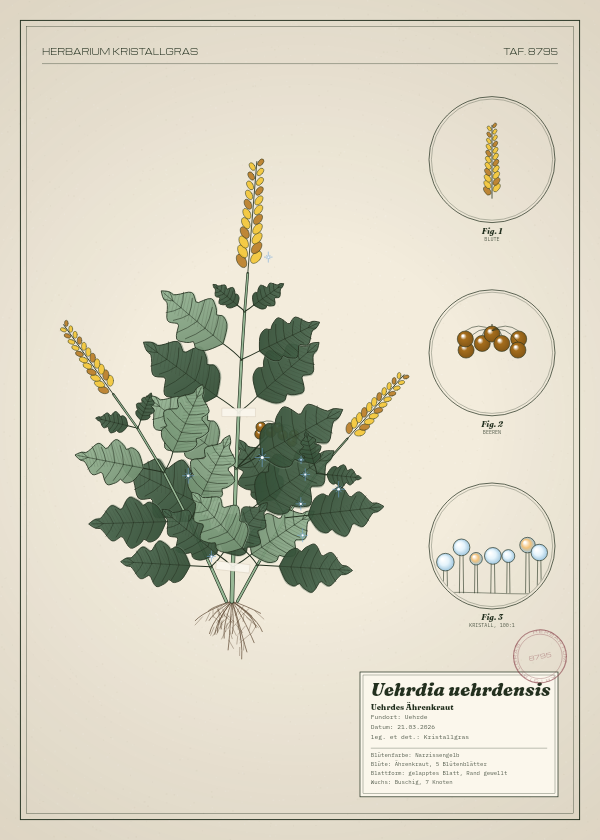 Botanische Tafel: Uehrdia uehrdensis, eine erfundene Pflanze aus Uehrde, gezeichnet wie in einem alten Pflanzenatlas