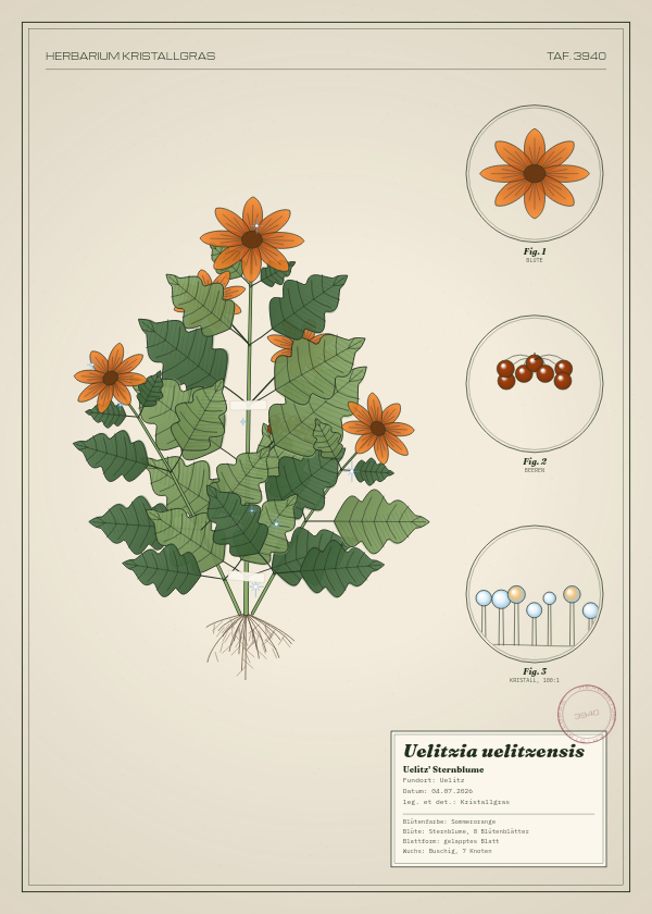 Botanische Tafel: Uelitzia uelitzensis, eine erfundene Pflanze aus Uelitz, gezeichnet wie in einem alten Pflanzenatlas