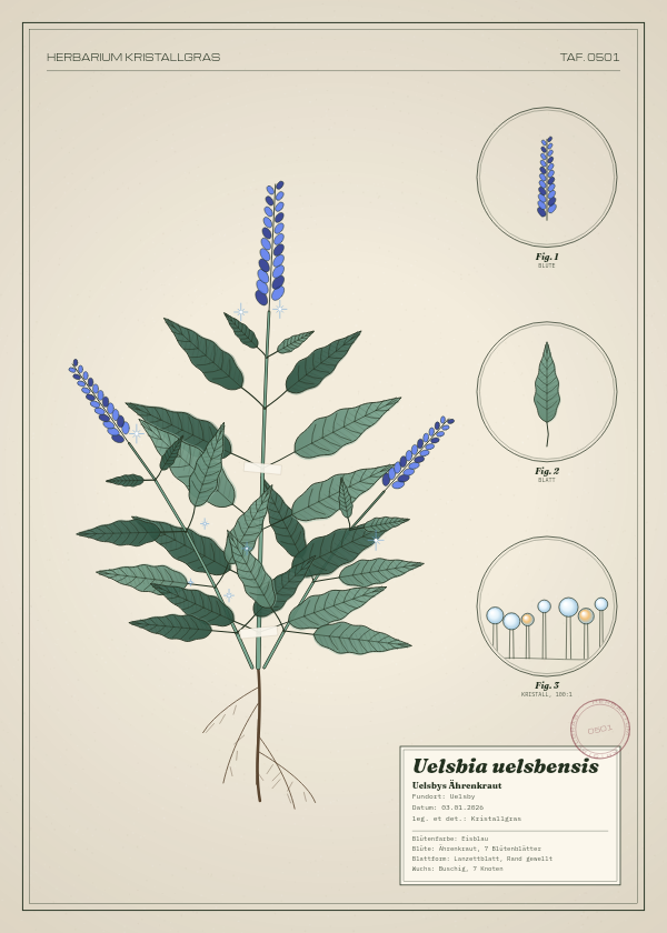 Botanische Tafel: Uelsbia uelsbensis, eine erfundene Pflanze aus Uelsby, gezeichnet wie in einem alten Pflanzenatlas