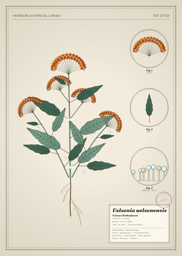Botanische Tafel: Uelsenia uelsenensis, eine erfundene Pflanze aus Uelsen, gezeichnet wie in einem alten Pflanzenatlas