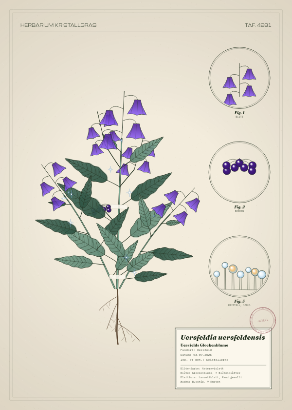 Botanische Tafel: Uersfeldia uersfeldensis, eine erfundene Pflanze aus Uersfeld, gezeichnet wie in einem alten Pflanzenatlas