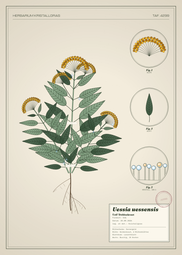 Botanische Tafel: Uessia uessensis, eine erfundene Pflanze aus Ueß, gezeichnet wie in einem alten Pflanzenatlas