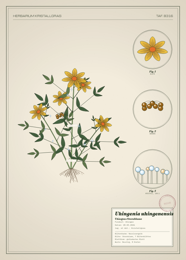 Botanische Tafel: Uhingenia uhingenensis, eine erfundene Pflanze aus Uhingen, gezeichnet wie in einem alten Pflanzenatlas