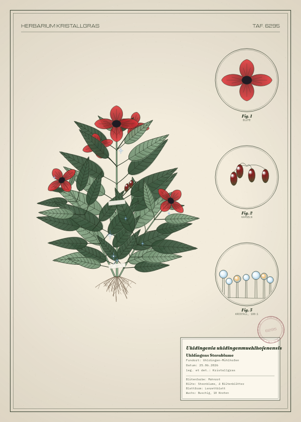Botanische Tafel: Uhldingenia uhldingenmuehlhofenensis, eine erfundene Pflanze aus Uhldingen-Mühlhofen, gezeichnet wie in einem alten Pflanzenatlas