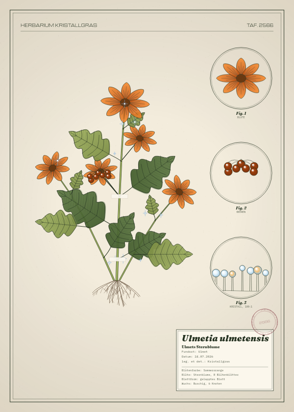 Botanische Tafel: Ulmetia ulmetensis, eine erfundene Pflanze aus Ulmet, gezeichnet wie in einem alten Pflanzenatlas