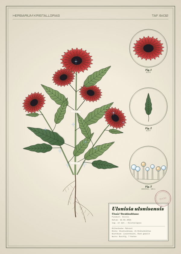 Botanische Tafel: Ulsnisia ulsnisensis, eine erfundene Pflanze aus Ulsnis, gezeichnet wie in einem alten Pflanzenatlas