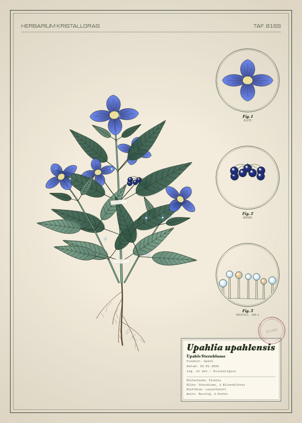 Botanische Tafel: Upahlia upahlensis, eine erfundene Pflanze aus Upahl, gezeichnet wie in einem alten Pflanzenatlas