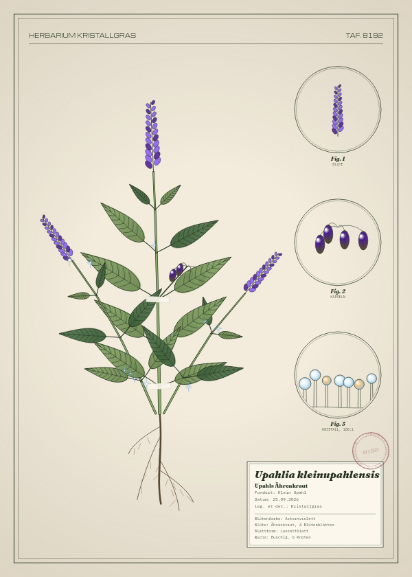 Botanische Tafel: Upahlia kleinupahlensis, eine erfundene Pflanze aus Klein Upahl, gezeichnet wie in einem alten Pflanzenatlas