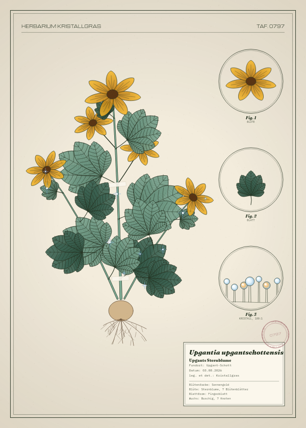 Botanische Tafel: Upgantia upgantschottensis, eine erfundene Pflanze aus Upgant-Schott, gezeichnet wie in einem alten Pflanzenatlas