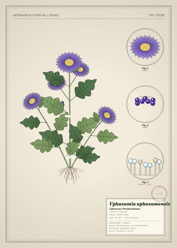 Botanische Tafel: Uphusumia uphusumensis, eine erfundene Pflanze aus Uphusum, gezeichnet wie in einem alten Pflanzenatlas