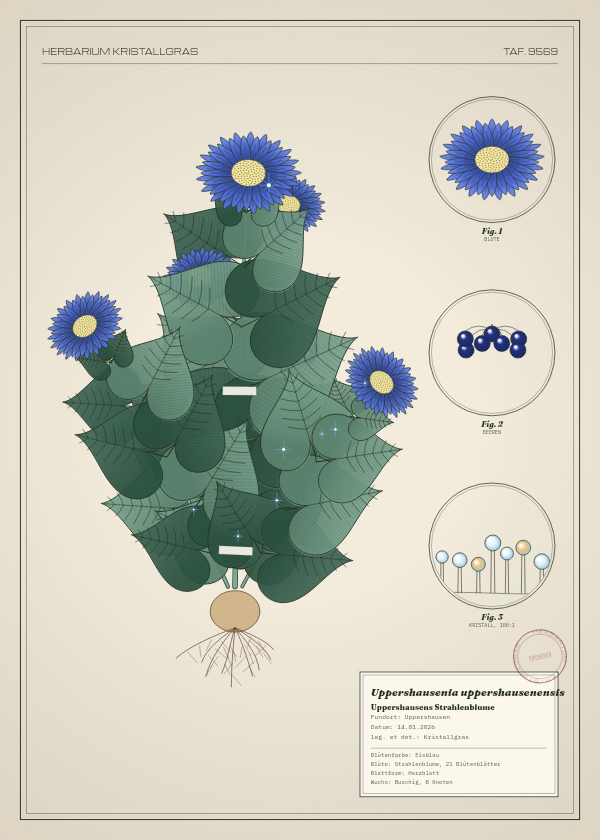 Botanische Tafel: Uppershausenia uppershausenensis, eine erfundene Pflanze aus Uppershausen, gezeichnet wie in einem alten Pflanzenatlas
