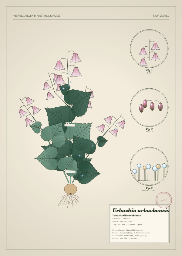 Botanische Tafel: Urbachia urbachensis, eine erfundene Pflanze aus Urbach, gezeichnet wie in einem alten Pflanzenatlas