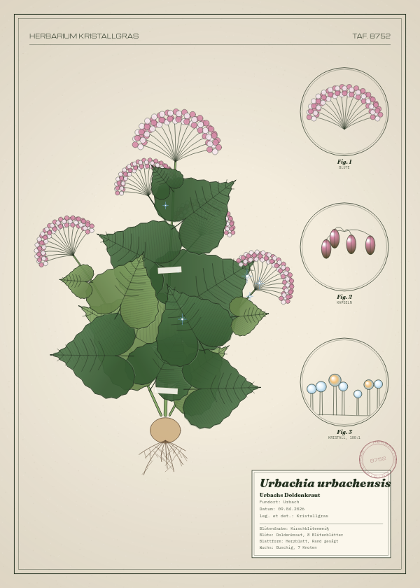 Botanische Tafel: Urbachia urbachensis, eine erfundene Pflanze aus Urbach, gezeichnet wie in einem alten Pflanzenatlas