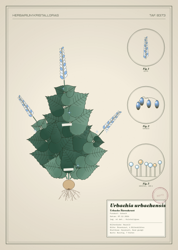 Botanische Tafel: Urbachia urbachensis, eine erfundene Pflanze aus Urbach, gezeichnet wie in einem alten Pflanzenatlas