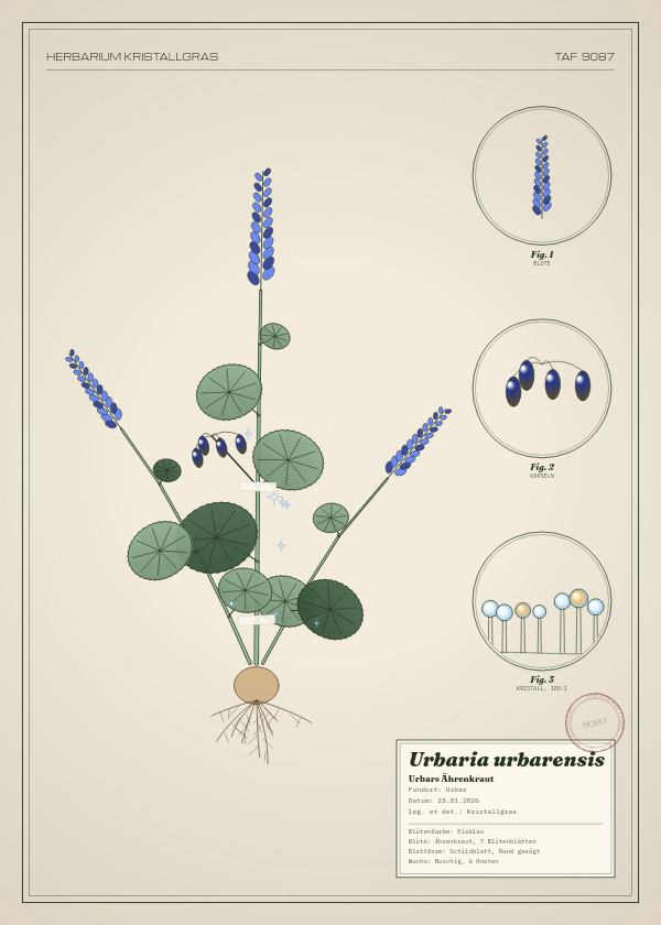Botanische Tafel: Urbaria urbarensis, eine erfundene Pflanze aus Urbar, gezeichnet wie in einem alten Pflanzenatlas