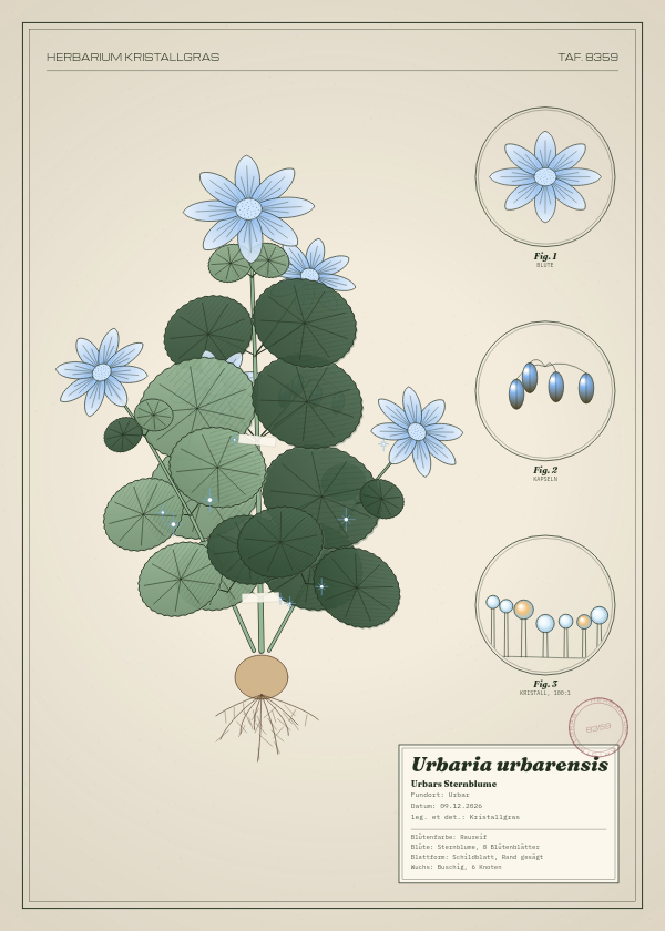 Botanische Tafel: Urbaria urbarensis, eine erfundene Pflanze aus Urbar, gezeichnet wie in einem alten Pflanzenatlas
