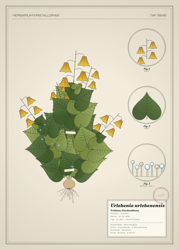 Botanische Tafel: Urlebenia urlebenensis, eine erfundene Pflanze aus Urleben, gezeichnet wie in einem alten Pflanzenatlas