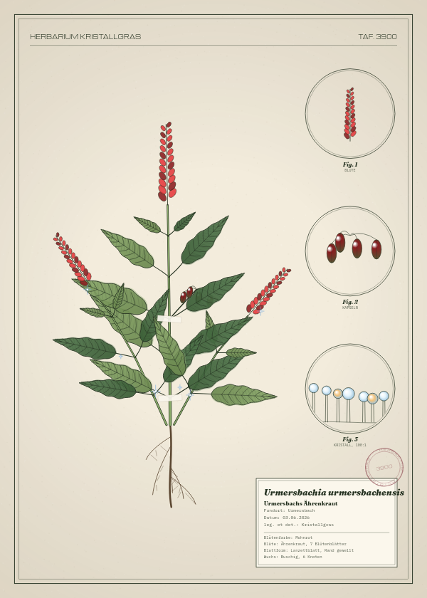 Botanische Tafel: Urmersbachia urmersbachensis, eine erfundene Pflanze aus Urmersbach, gezeichnet wie in einem alten Pflanzenatlas