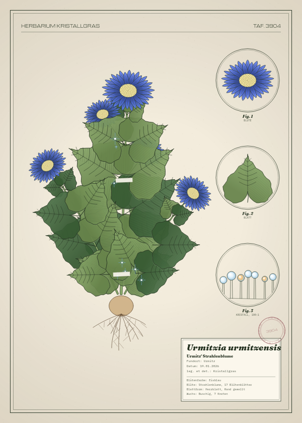 Botanische Tafel: Urmitzia urmitzensis, eine erfundene Pflanze aus Urmitz, gezeichnet wie in einem alten Pflanzenatlas