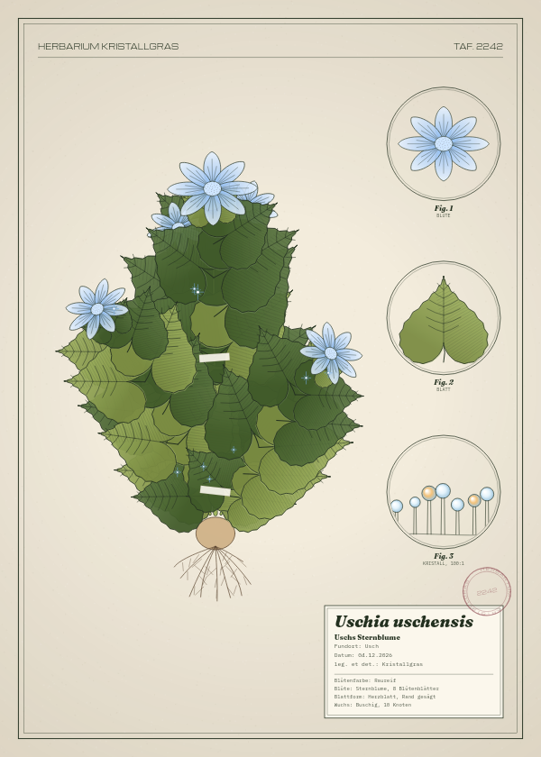 Botanische Tafel: Uschia uschensis, eine erfundene Pflanze aus Usch, gezeichnet wie in einem alten Pflanzenatlas